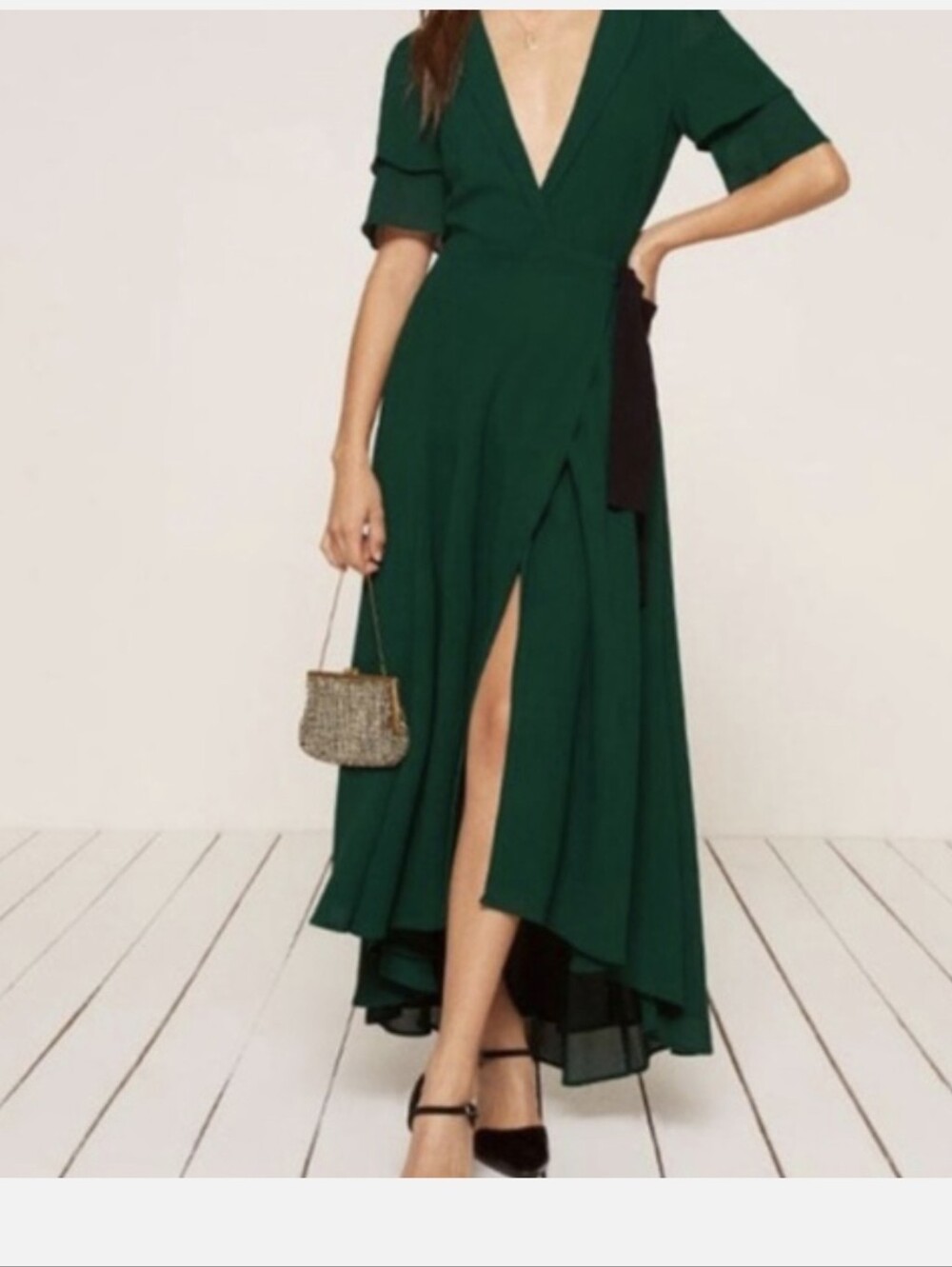 NWT Reformation Deep Green Wrap Maxi Dress with Flutter Sleeves Size M